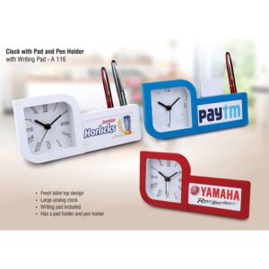 A116 – Clock With Pad And Pen Holder (With Writing Pad)