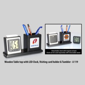 A119 – Wooden Table Top With Detachable LED Clock, Visiting Card Holder And Tumbler