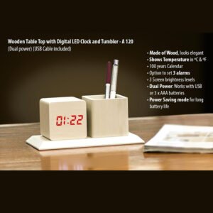 A120 – Wooden Tabletop With Digital LED Clock And Tumbler (Dual Power) (USB Cable Included)