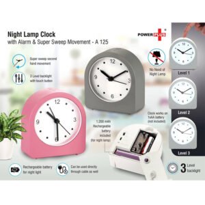 A125 – Night Lamp Clock With Alarm And Super Sweep Movement | Rechargeable Lamp | 3 Level Backlight