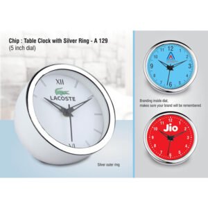 A129 – Chip: Table Clock With Silver Ring | 5 Inch Dial