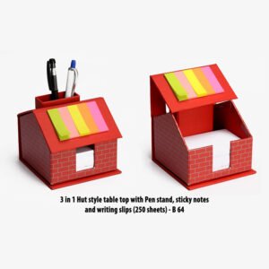B64 – 3 In 1 Hut Style Table Top With Pen Stand, Sticky Notes And Writing Slips (250 Sheets)