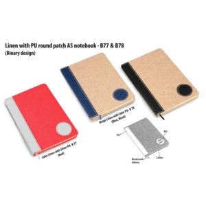 B78 – Brown Linen With PU Round Patch A5 Notebook (Binary Design)