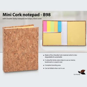 B98 – Mini Cork Notepad With Double Sticky Notepad And Strips | Hard Cover