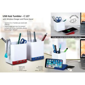 C127 – USB Hub Tumbler With Wireless Charger And Phone Stand