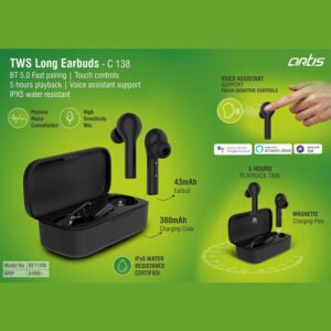 C138 – Artis TWS Long Earbuds  BT 5.0 Fast Pairing