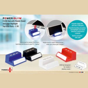 C85 – PowerGlow 3 USB Hub With Mobile Stand And Logo Highlight (Top USB)